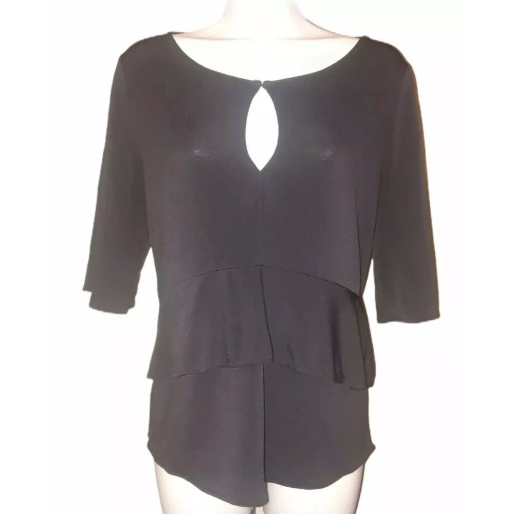 WHBM White House Black Market Black Short Sleeve Stretch Ruffle Peplum Top SZ S